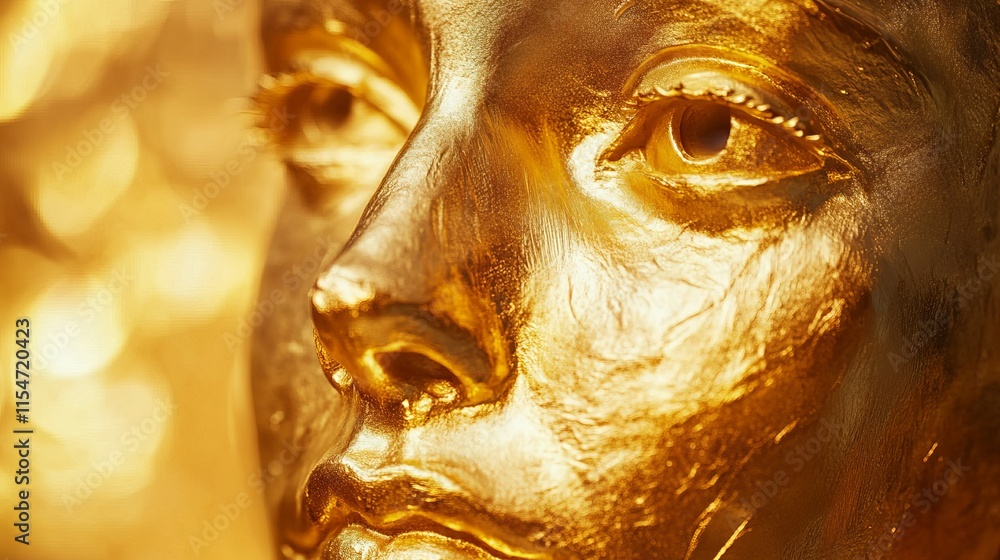 Aufkleber close-up of a shiny golden element of a statue with intricate details, reflecting light and showcasi