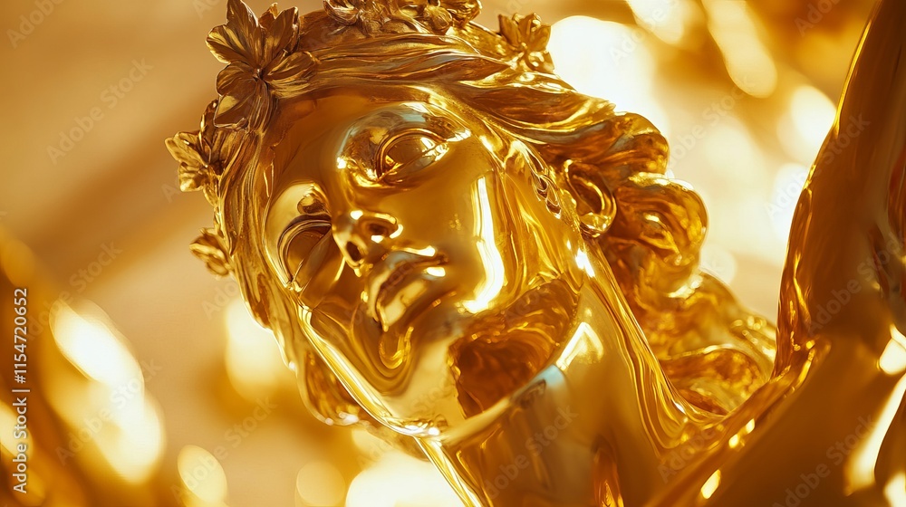 Aufkleber close-up of a shiny golden element of a statue with intricate details, reflecting light and showcasi
