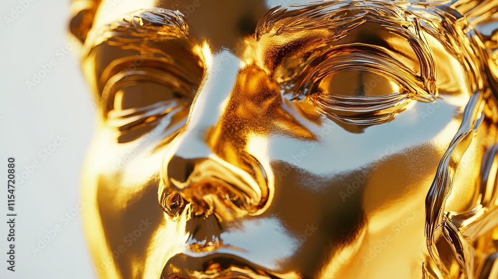 Aufkleber close-up of a shiny golden element of a statue with intricate details, reflecting light and showcasi