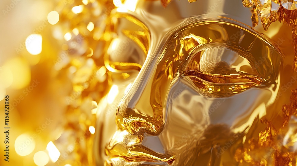 Aufkleber close-up of a shiny golden element of a statue with intricate details, reflecting light and showcasi