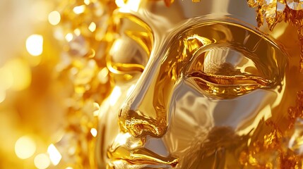 Obraz premium Close-up of a shiny golden element of a statue with intricate details, reflecting light and showcasing its polished texture, symbolizing art and craftsmanship.