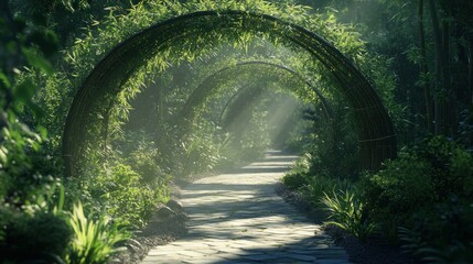 Obraz premium The path is made of bamboo forest garden, their lush green stems forming an arch above background wallpaper AI generated image
