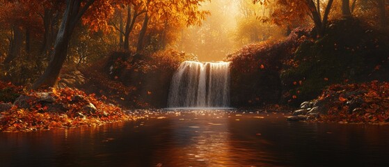 Fototapeta premium A serene, surreal little waterfall in a serene, autumn-filled forest background wallpaper AI generated image