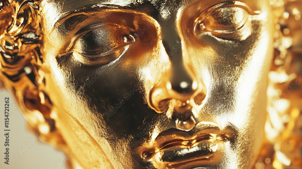 Aufkleber close-up of a shiny golden element of a statue with intricate details, reflecting light and showcasi