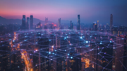 Fototapeta premium Smart digital Innovation city with connection network reciprocity over the cityscape. of future smart wireless city and social media networking systems that connects business people with in city