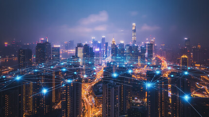 Obraz premium Smart digital Innovation city with connection network reciprocity over the cityscape. of future smart wireless city and social media networking systems that connects business people with in city