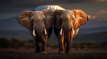 Fototapeta premium Majestic African Elephants at Sunset with Kilimanjaro in the Background
