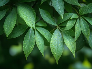 Obraz premium Lush Green Leaves Glistening With Dew Drops