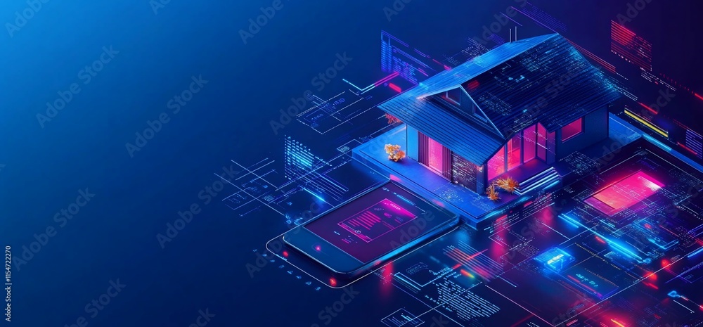 Poster a digital representation of a smart home connected to a mobile device.