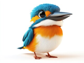 Adorable 3D cartoon kingfisher illustration, isolated on a white background, perfect for kids' designs, educational materials, or playful themes.