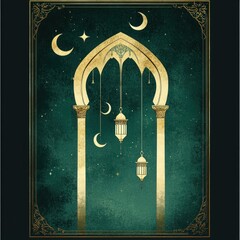 Gothic archway with hanging lanterns under night sky.