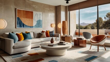 Modern living room interior, warm color palette, L-shaped beige sectional sofa, colorful throw pillows, round wooden coffee table, abstract geometric wall art, large windows, natural light, hardwood f