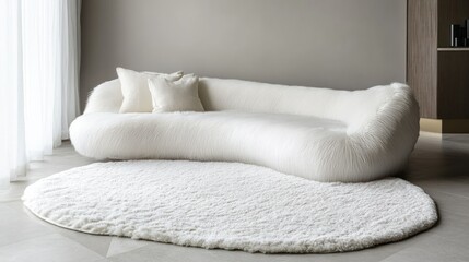 A comfortable white furry rug lies on the floor next to the sofa background wallpaper AI generated image