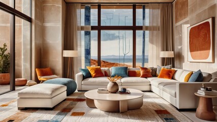 Modern living room interior, warm color palette, L-shaped beige sectional sofa, colorful throw pillows, round wooden coffee table, abstract geometric wall art, large windows, natural light, hardwood f