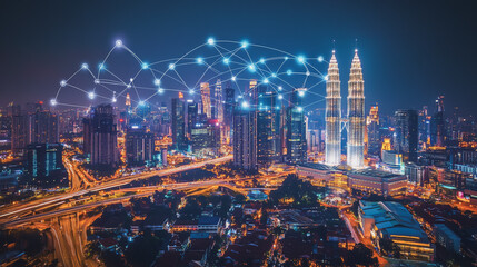 Obraz premium Smart digital Innovation city with connection network reciprocity over the cityscape. of future smart wireless city and social media networking systems that connects business people with in city