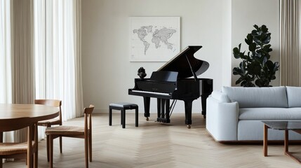 Grand piano in minimalist living room.