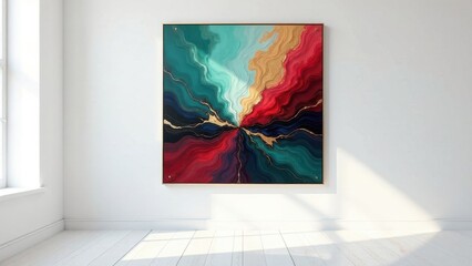 Abstract Jewel-Toned Canvas Artwork Adorning a Minimalist White Room with Sunlight Illuminating the Floor