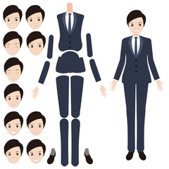 【シンプルな人物イラストセット 全身 スーツ風の男性01】　キャラクターは各パーツがレイヤーで構成されていて自由にポーズを付けることができます。また、表情も10パターンあり口を動かしたり瞬きすることもできます。A set of face, arm and body parts that can be used for animation and illustrations. DIY kit