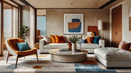 Fototapeta premium Modern living room interior, warm color palette, L-shaped beige sectional sofa, colorful throw pillows, round wooden coffee table, abstract geometric wall art, large windows, natural light, hardwood f