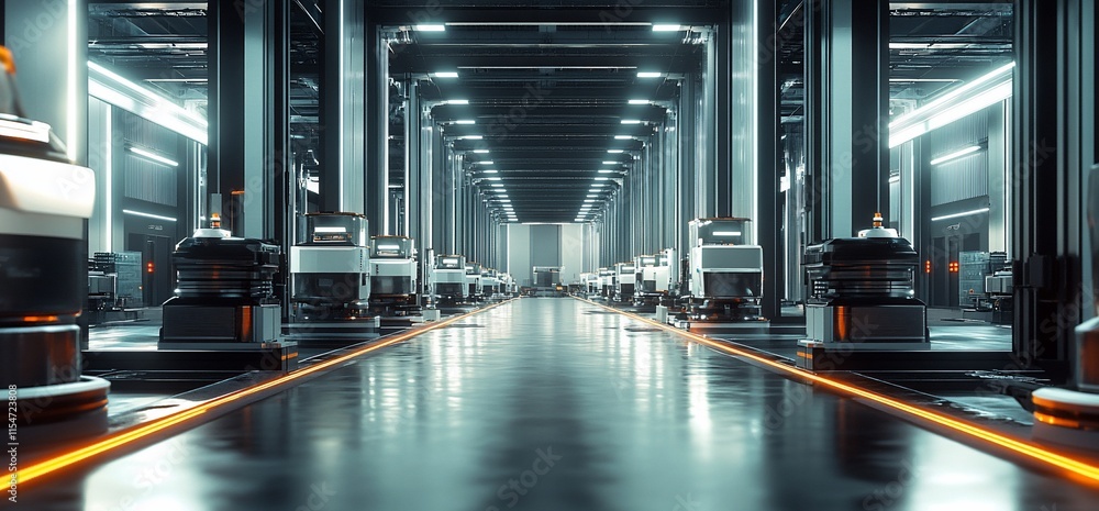 Poster a futuristic industrial space with automated robots on a sleek floor.
