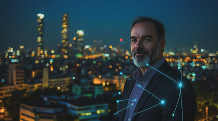 Fototapeta premium Smart digital Innovation city with connection network reciprocity over the cityscape. of future smart wireless city and social media networking systems that connects business people with in city