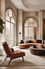 Modern minimalist living room, curved sofa, circular wall art, vaulted ceiling, warm earth tones, arched windows, potted plant, round coffee table, textured rug, natural light, contemporary interior d