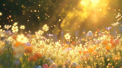 A vibrant meadow with Easter eggs shining under the golden rays of sunrise, symbolizing a new beginning.