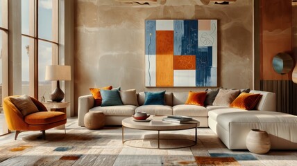Modern living room interior, warm color palette, L-shaped beige sectional sofa, colorful throw pillows, round wooden coffee table, abstract geometric wall art, large windows, natural light, hardwood f