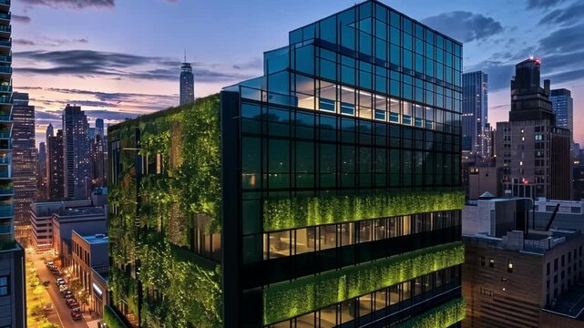 Illuminated green walls covering a modern office building at dusk, showcasing sustainable architecture in a bustling urban environment 