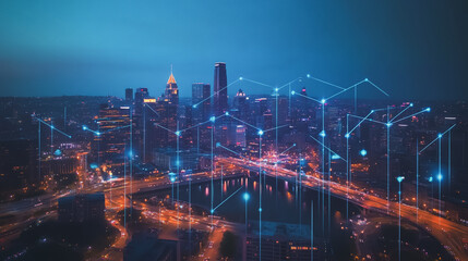 Fototapeta premium Smart digital Innovation city with connection network reciprocity over the cityscape. of future smart wireless city and social media networking systems that connects business people with in city