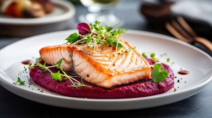 Salmon Steak with Roasted Beet Puree and Microgreens