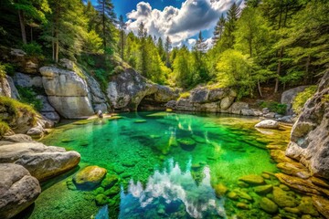 Fototapeta premium Escape to a stunning, natural swimming hole: pristine white rocks, vibrant green water, idyllic relaxation.