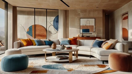 Modern living room interior, warm color palette, L-shaped beige sectional sofa, colorful throw pillows, round wooden coffee table, abstract geometric wall art, large windows, natural light, hardwood f