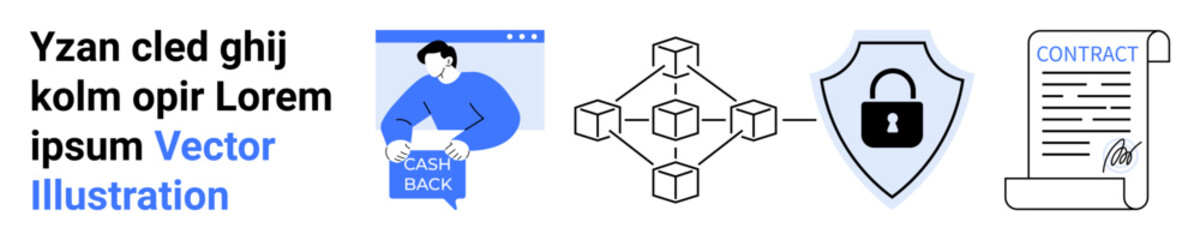 Person clicking cash back button, interconnected network of blocks, shield with lock, and contract document. Ideal for finance, blockchain, cybersecurity, e-commerce, online transactions, secure