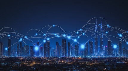 Fototapeta premium Smart digital Innovation city with connection network reciprocity over the cityscape. of future smart wireless city and social media networking systems that connects business people with in city