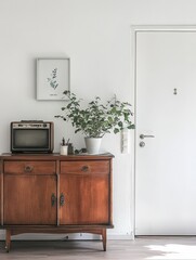 Vintage Wooden Cabinet Decorated With Plant And Radio