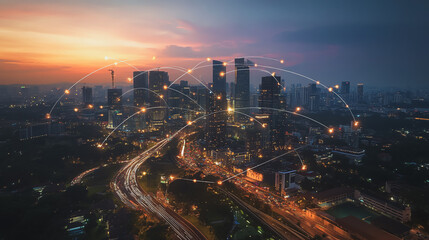 Fototapeta premium Smart digital Innovation city with connection network reciprocity over the cityscape. of future smart wireless city and social media networking systems that connects business people with in city