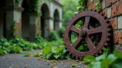 Rustic Gear Wheel Resting Against Brick Wall Amidst Lush Greenery, Evoking a Sense of Timelessness and Industrial History