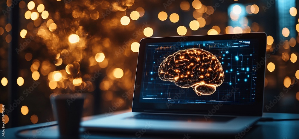 Poster a laptop displaying a digital brain on a blurred background with lights.