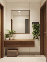 Modern Minimalist Entryway With Wooden Accents And Plants