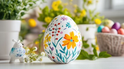 Fototapeta premium A vividly painted Easter egg with floral and abstract hand-drawn motifs, symmetrically displayed on a white canvas.
