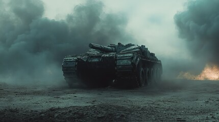 Fototapeta premium Giant military tanks traverse the barren battlefield, their massive treads crushing the ground beneath them background wallpaper AI generated image