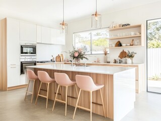 Modern kitchen island with pink stools and wooden accents