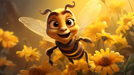 Happy cartoon bee amidst yellow flowers.