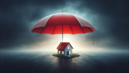 Concept of home insurance and protection with a large red umbrella covering a small house, symbolizing security and risk management in a minimalist and moody landscape 