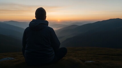 Man enjoying a serene sunset over mountains and valleys in a peaceful moment.