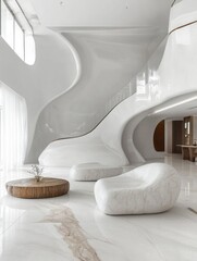 Modern minimalist white interior design featuring a curved staircase
