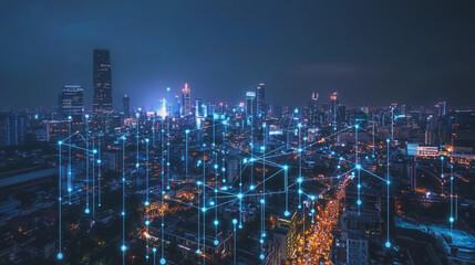 Fototapeta premium Smart digital Innovation city with connection network reciprocity over the cityscape. of future smart wireless city and social media networking systems that connects business people with in city