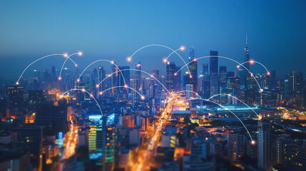 Obraz premium Smart digital Innovation city with connection network reciprocity over the cityscape. of future smart wireless city and social media networking systems that connects business people with in city