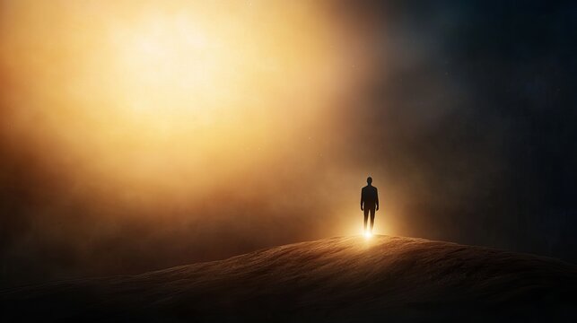 Silhouette of a person standing on a hill against a glowing, cosmic backdrop.